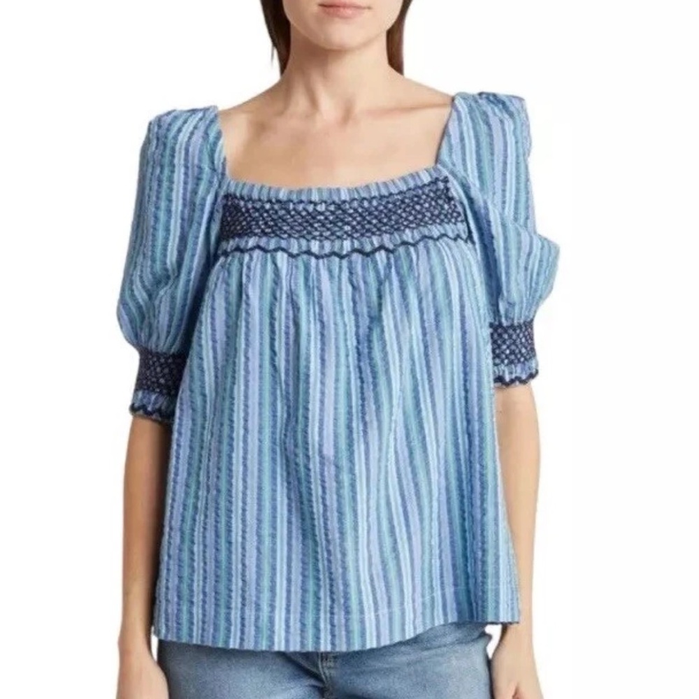 Faherty Presley Blue/Green Striped Puff Sleeve Smocked Top Size M
